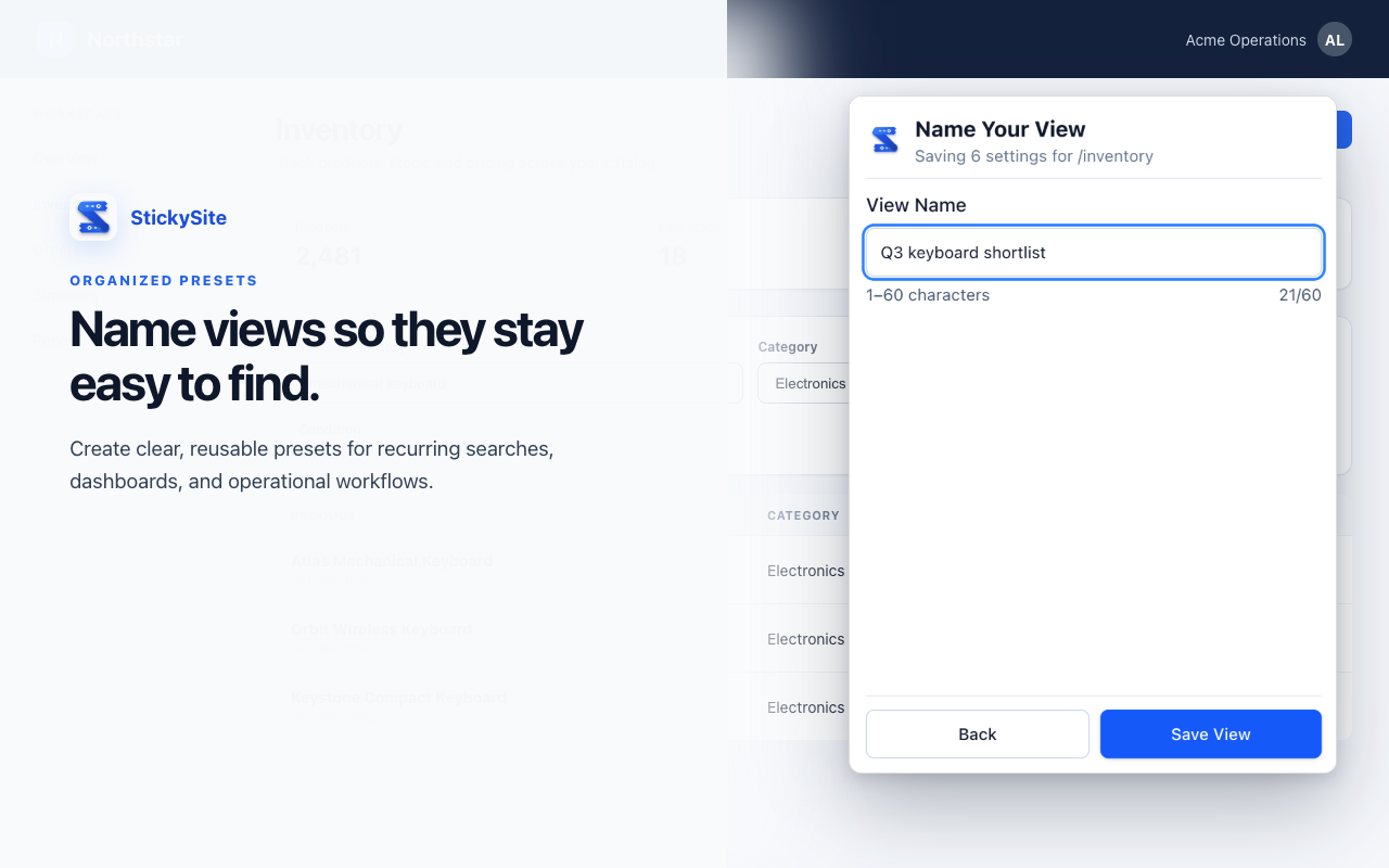 StickySite name view modal with view name input and origin/path scope options